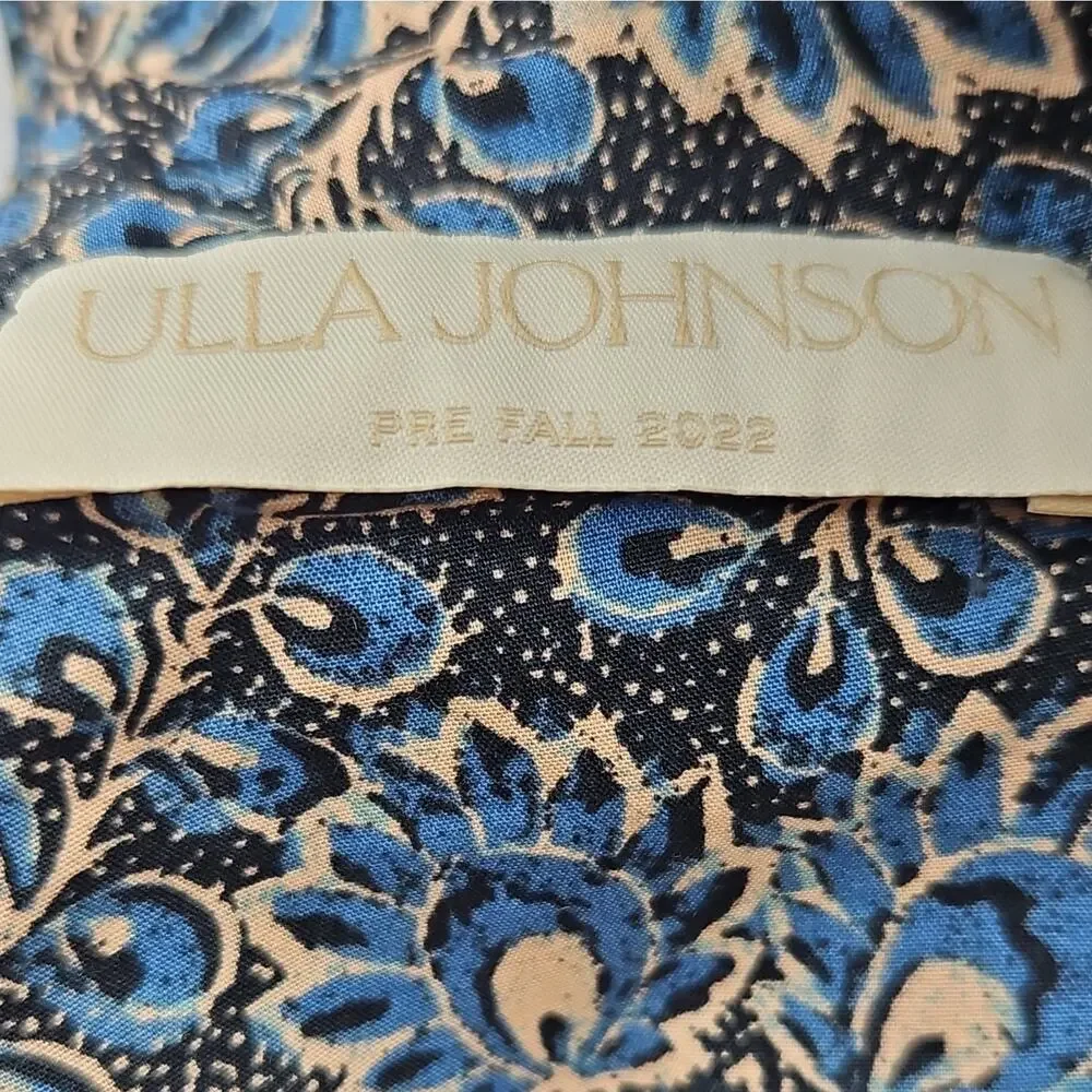 Ulla Johnson Crop Blue Floral Square Neck Lace-Up Back Puff Sleeve Blouse Sz 0